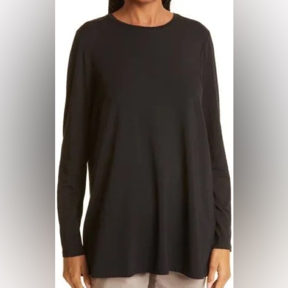 Eileen Fisher black jersey knit silk long sleeve tunic top EUC size M